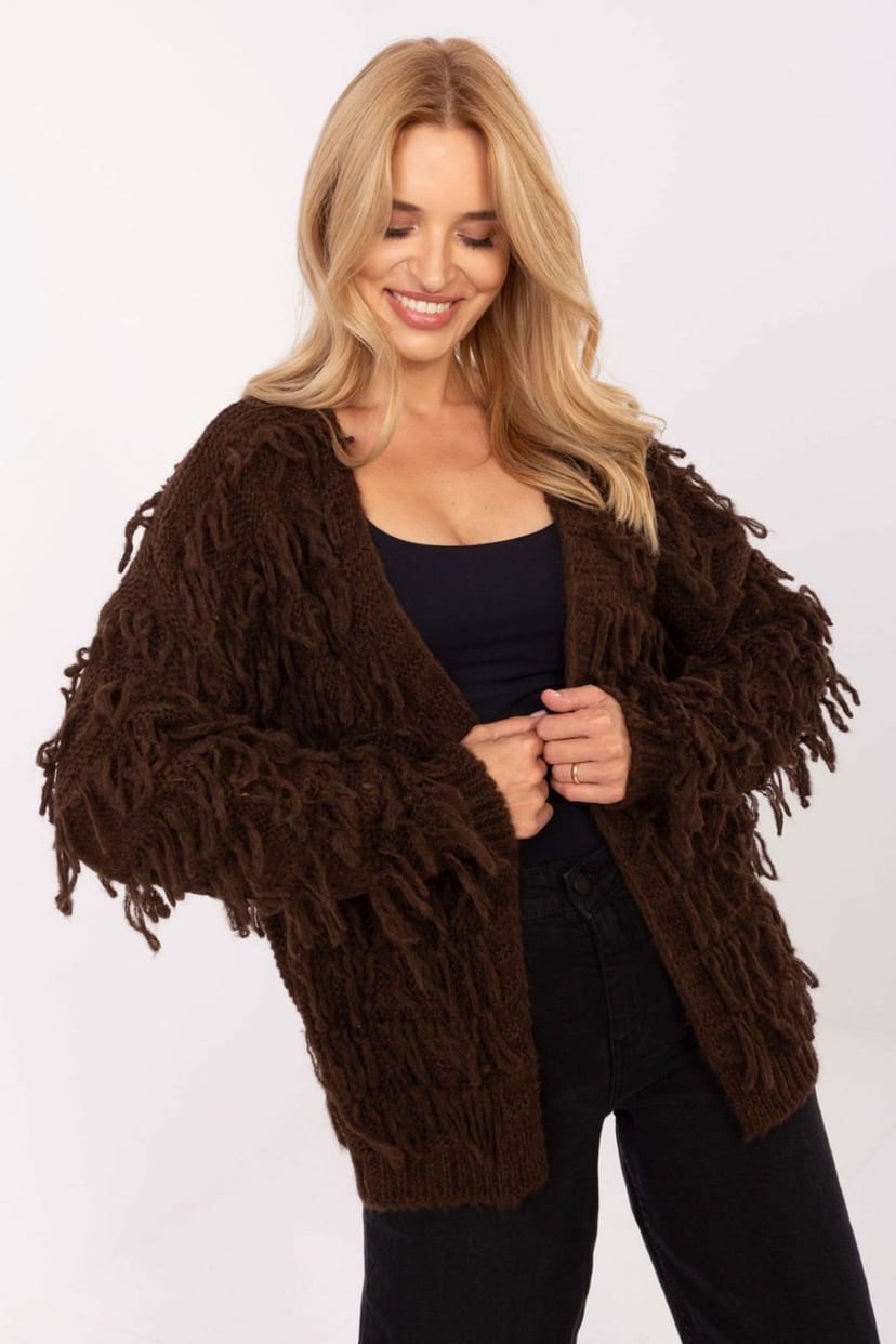 Love Lace Love Lace Women's Boho Fringe Open Front Textured Cardigan in Brown - 1