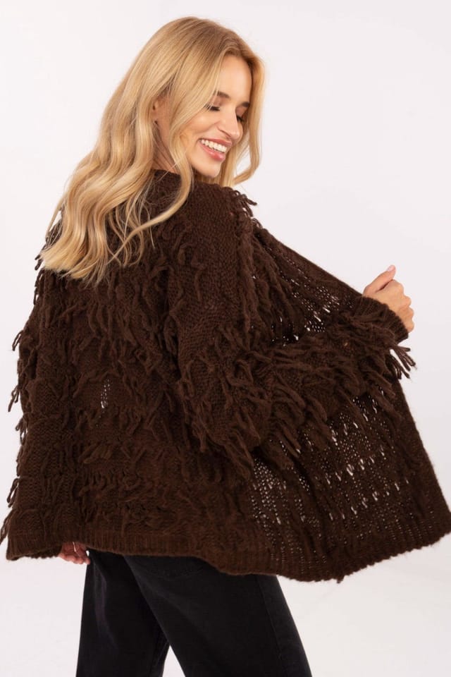 Love Lace Love Lace Women's Boho Fringe Open Front Textured Cardigan in Brown - 3