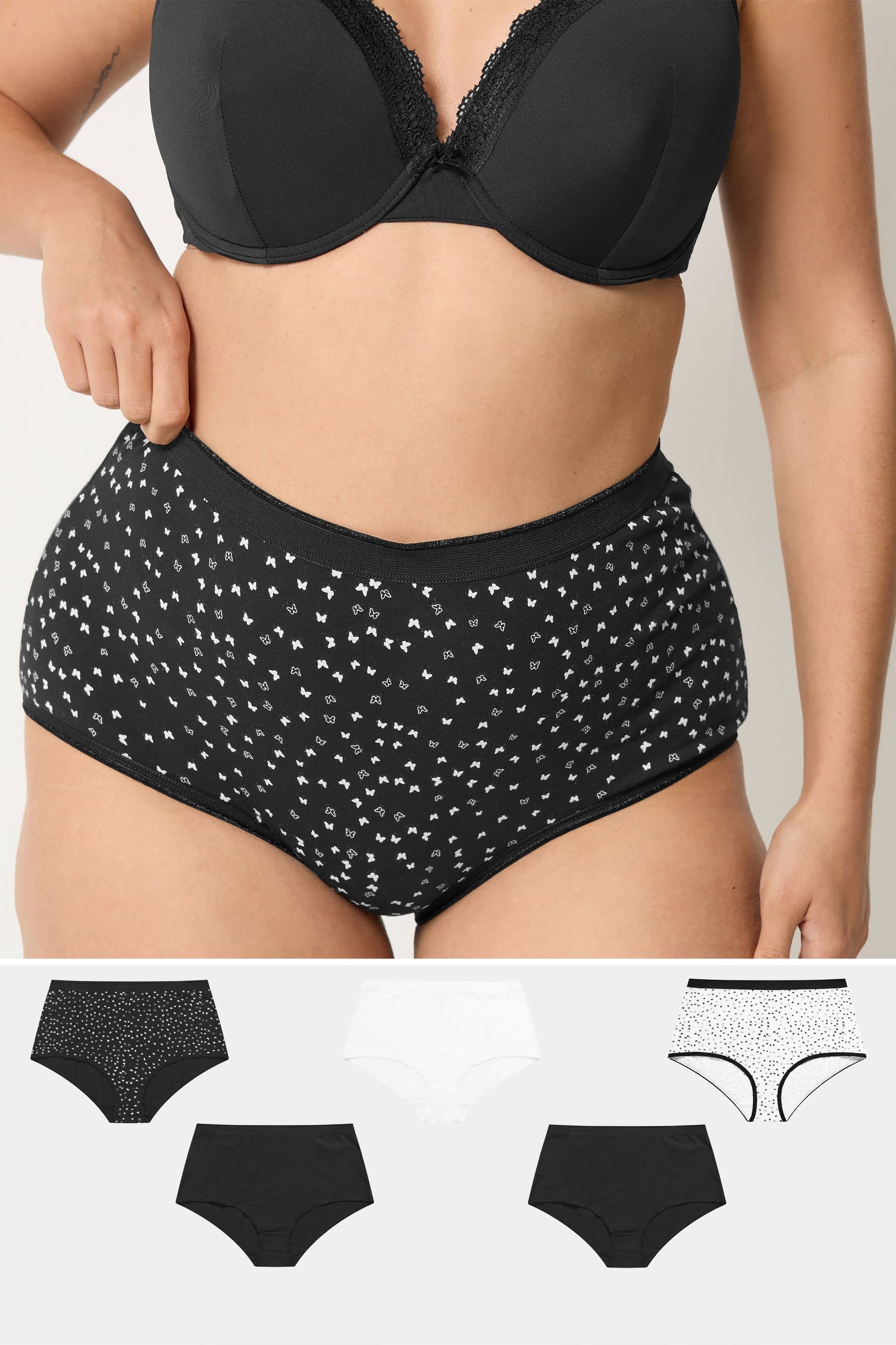 Yours 5 Pack Plus Size Black Ditsy Butterfly High Waisted Full Briefs