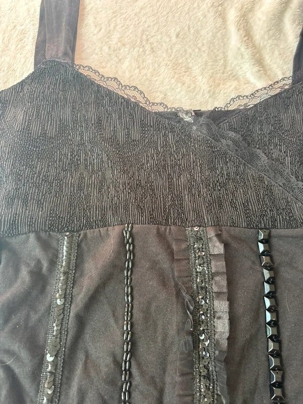 Vintage Dressing Black Lace Babydoll Top with Beaded Detailing