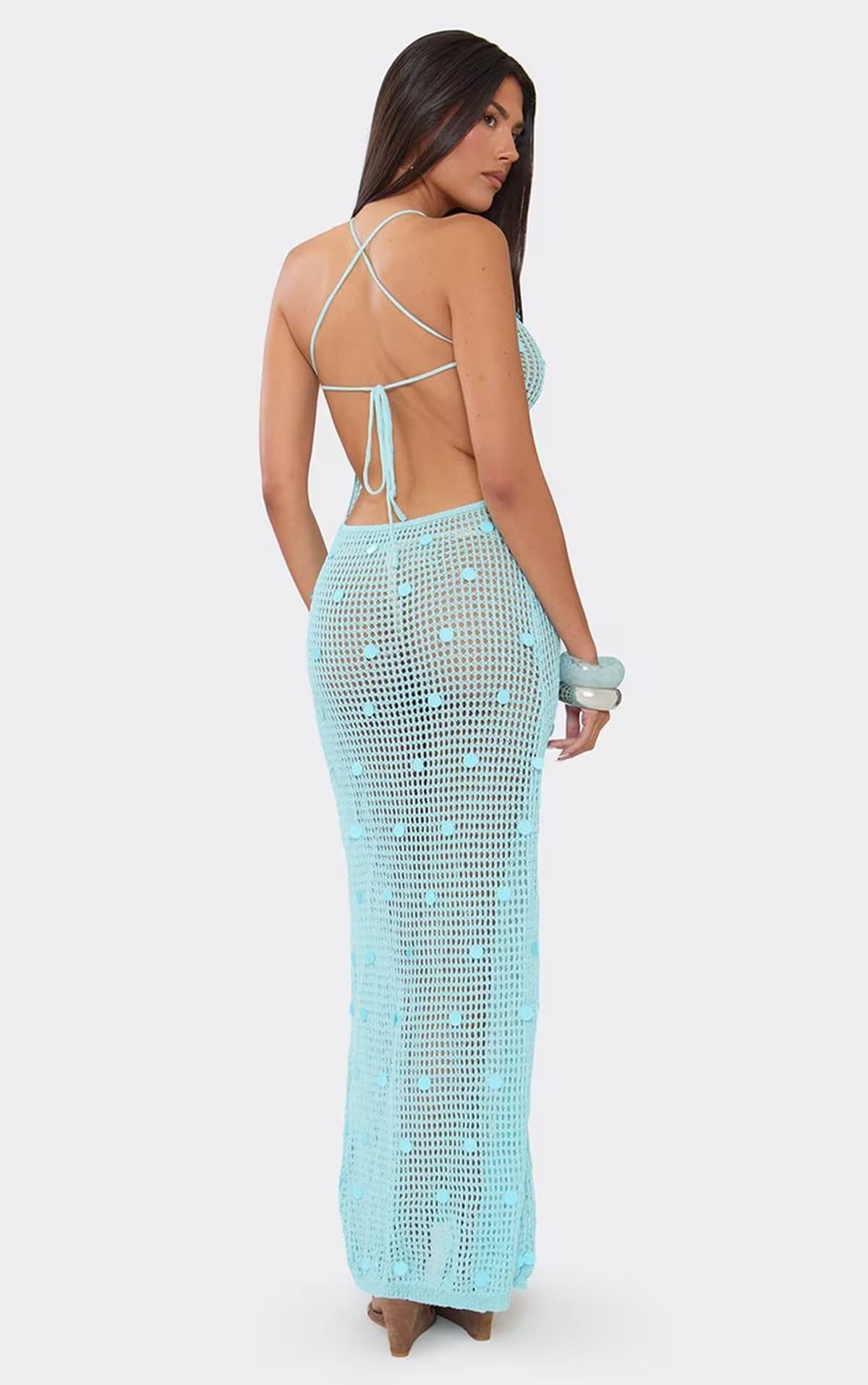 EGO Halterneck Sequin Detail Beach Maxi Dress In Blue Knit, Women's Size UK S