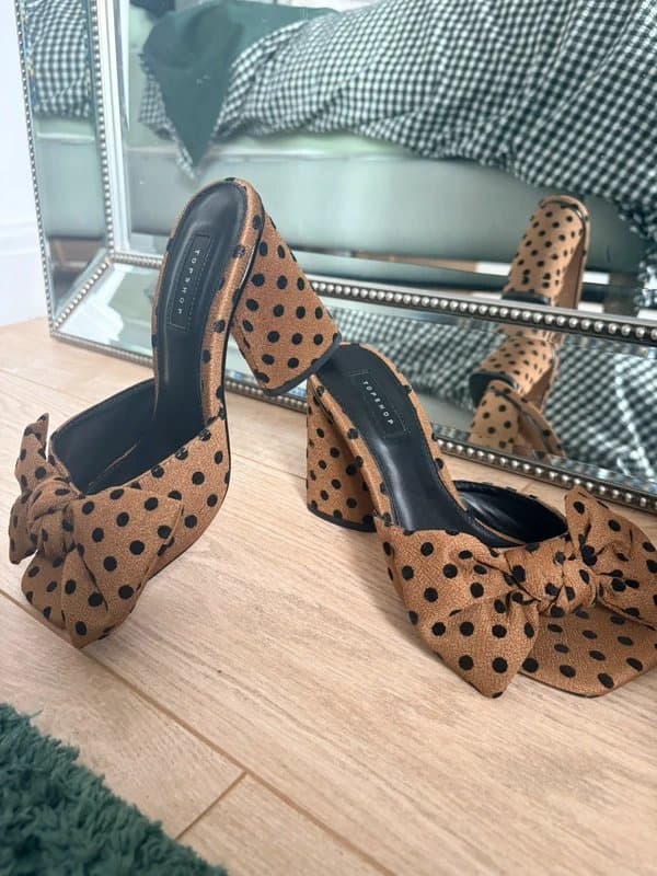 Topshop Topshop Polka Dot Bow Block Heel Mules UK 5 Camel Black Statement Occasion Shoes