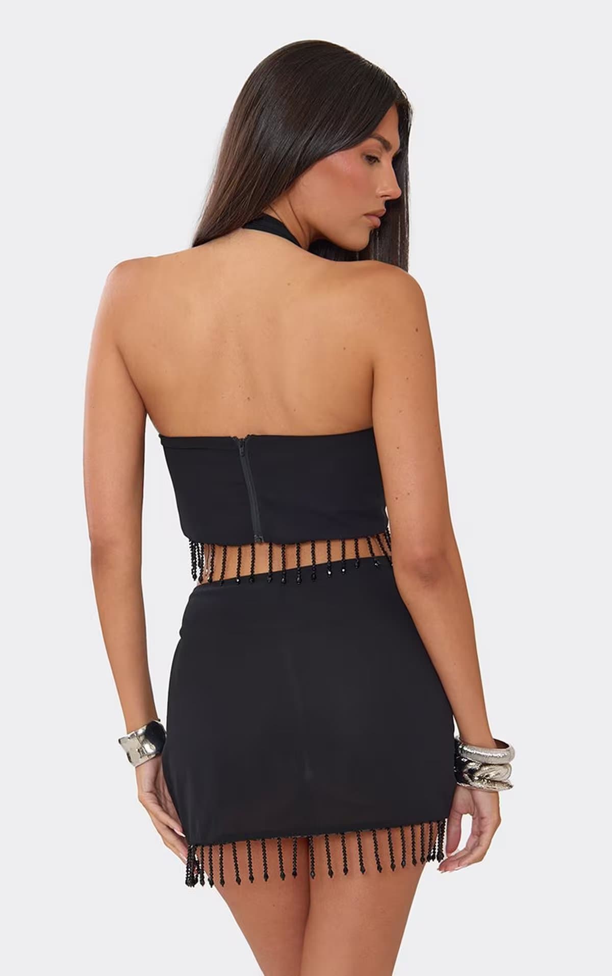 EGO Mid Rise Tassel Trim Mini Skirt In Black, Women's Size UK 6