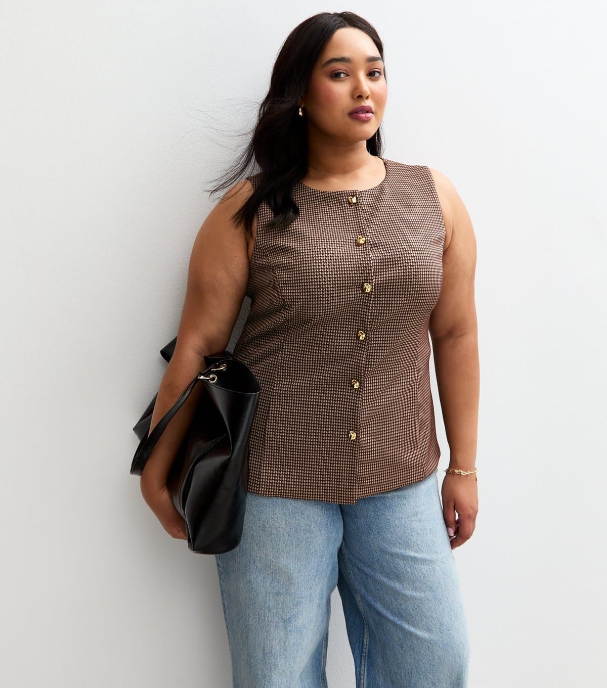 New Look Women's Plus Size Brown Houndstooth Print Jersey Waistcoat Curves New Look