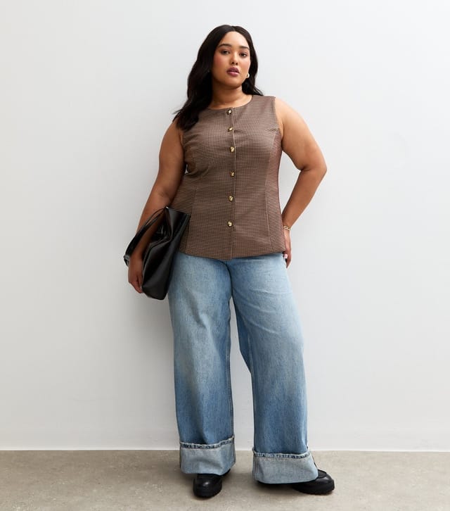 New Look Women's Plus Size Brown Houndstooth Print Jersey Waistcoat Curves New Look - 3