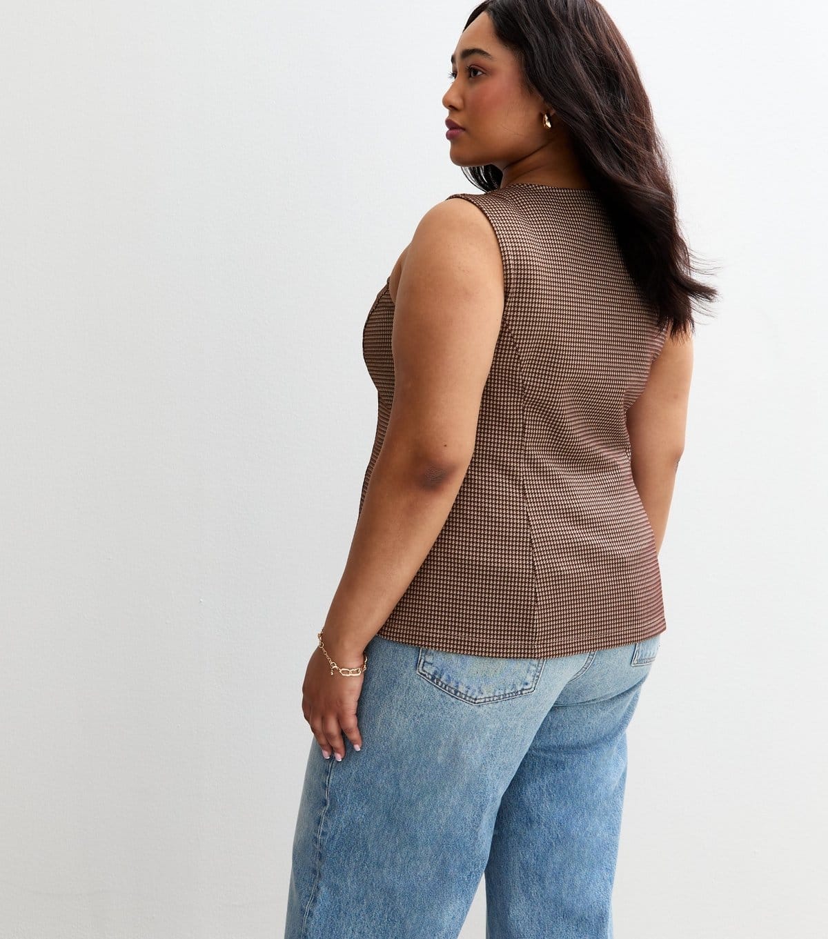 New Look Women's Plus Size Brown Houndstooth Print Jersey Waistcoat Curves New Look - 4