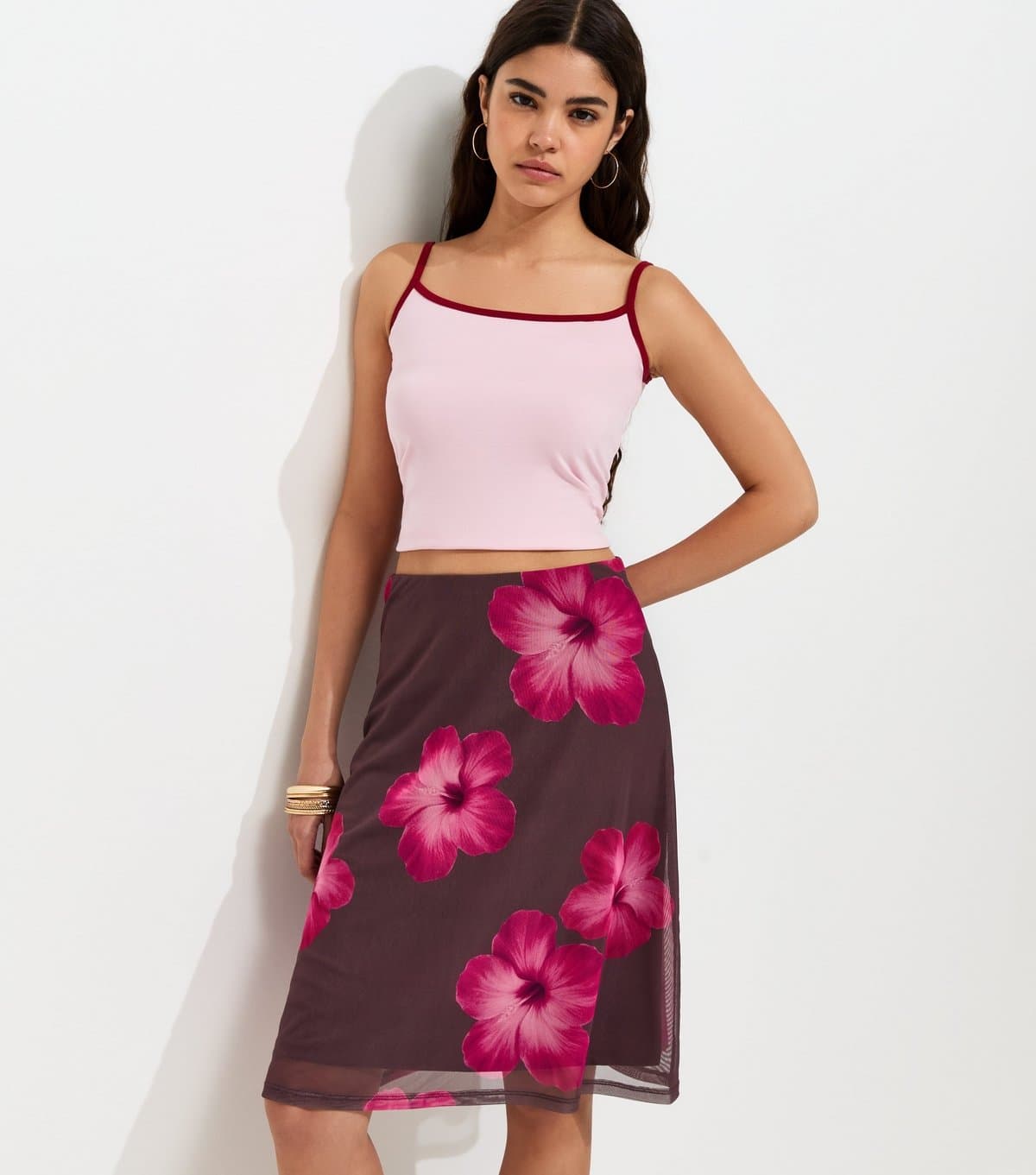 New Look Women's Pink Hibiscus Print Mesh Midi Skirt New Look