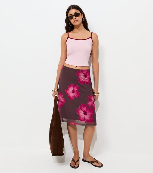 New Look Women's Pink Hibiscus Print Mesh Midi Skirt New Look - 2