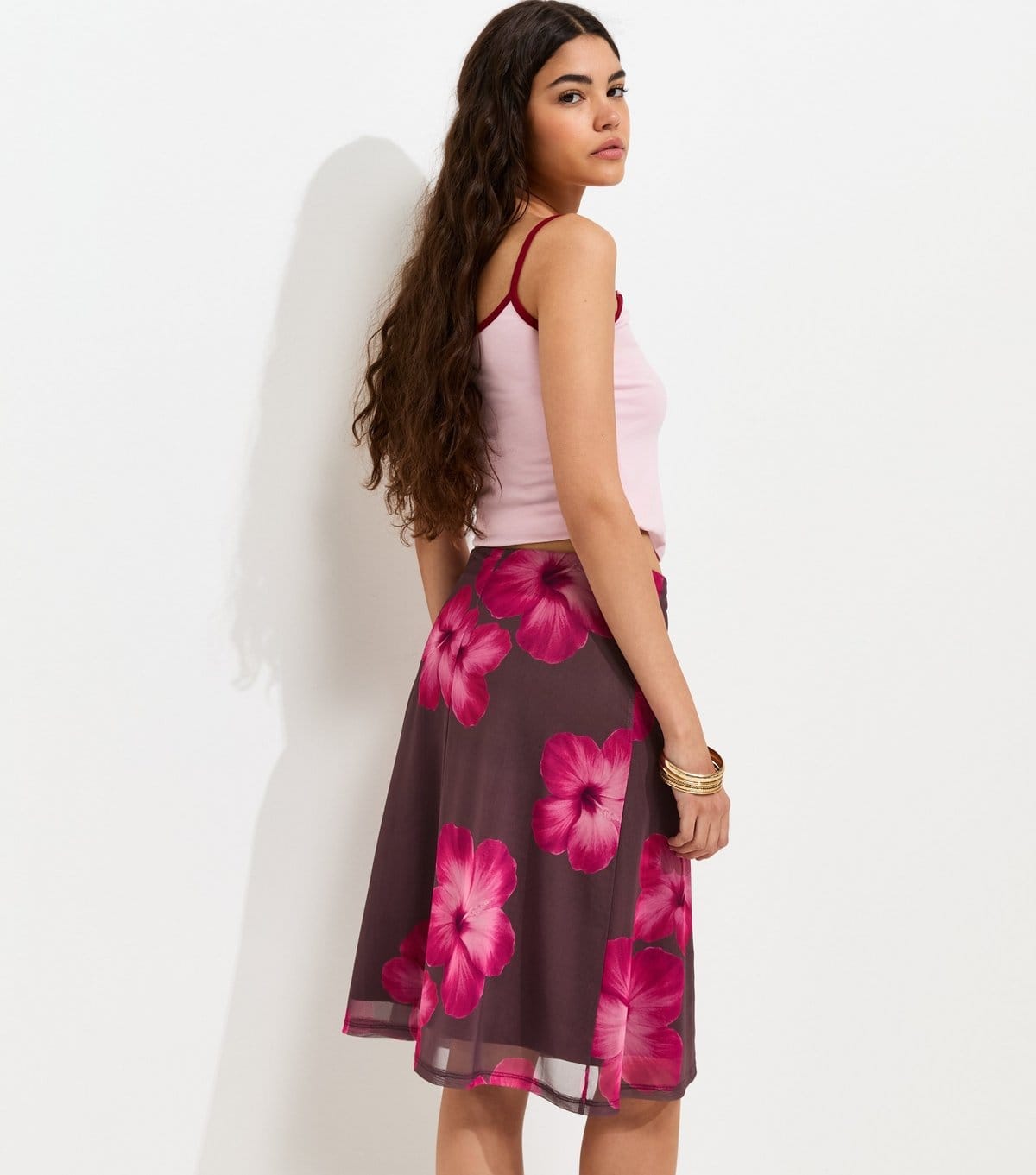 New Look Women's Pink Hibiscus Print Mesh Midi Skirt New Look - 4