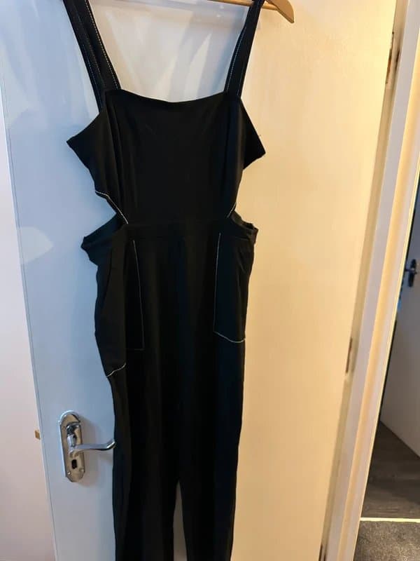 Bershka bershka black wide leg jumpsuit with white contrast stitching