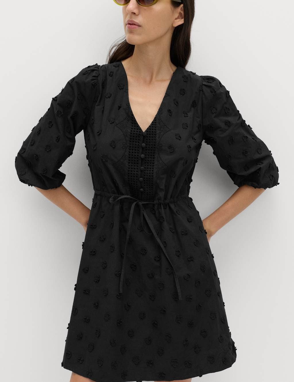 Marks & Spencer M&S Pure Cotton Embroidered V-Neck Mini Waisted Dress Black