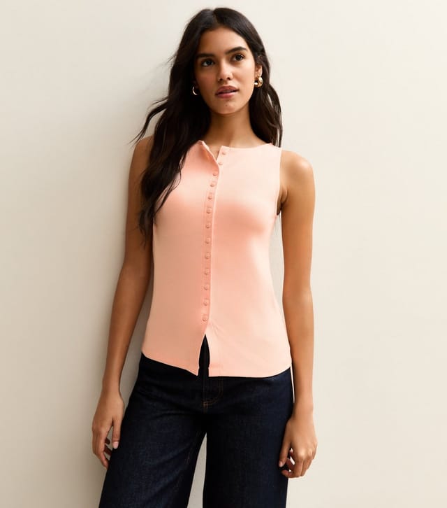 New Look Women's Light Coral Button Through Tank Top New Look - 2
