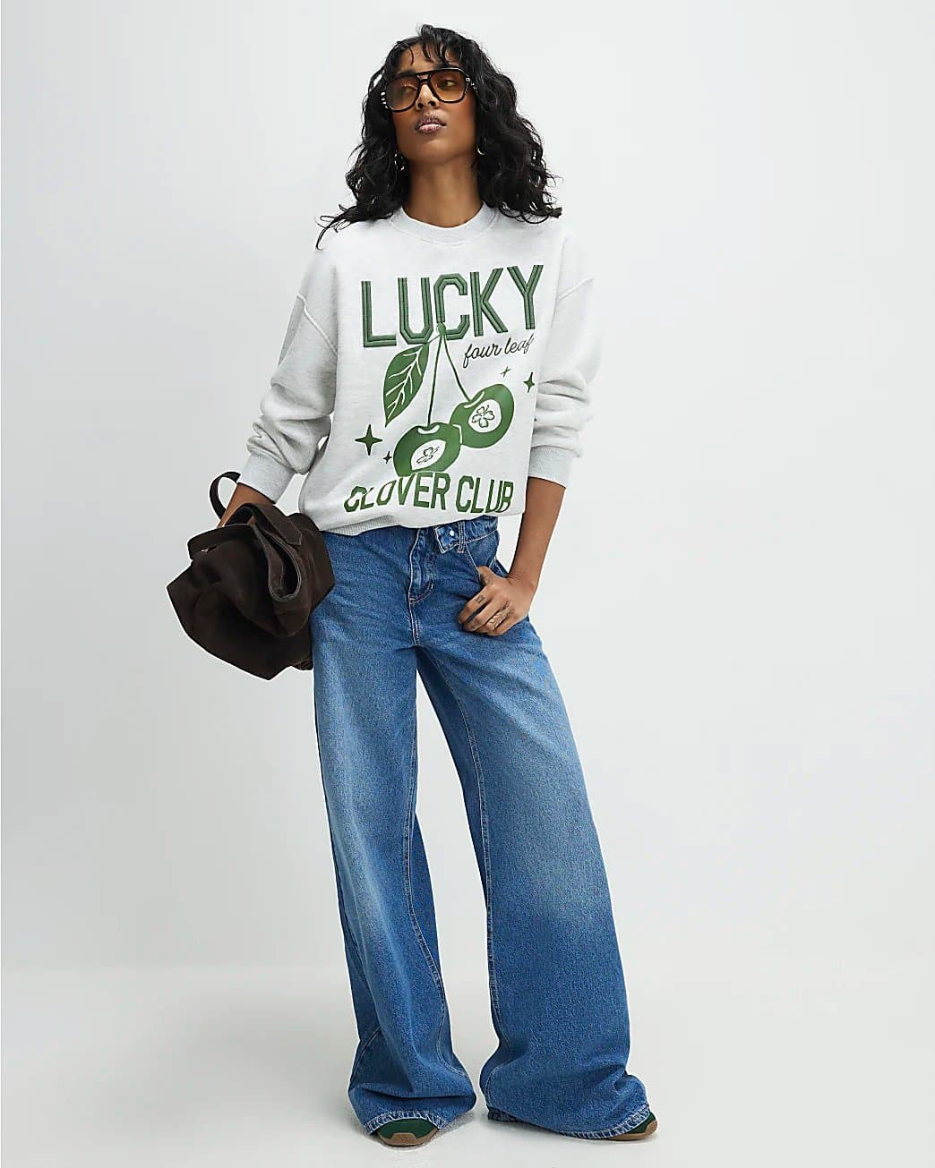 River Island River Island Womens Grey Cotton Blend Lucky Clover Sweatshirt