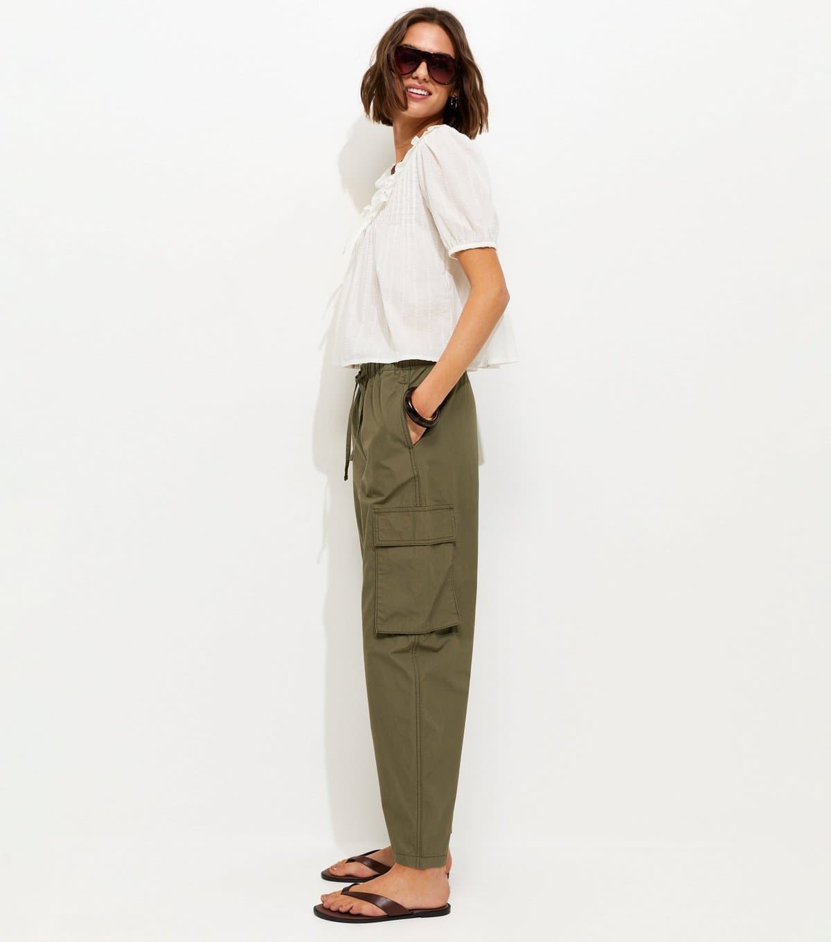 New Look Women's Dark Khaki Barrel Leg Utility Cargo Trousers New Look