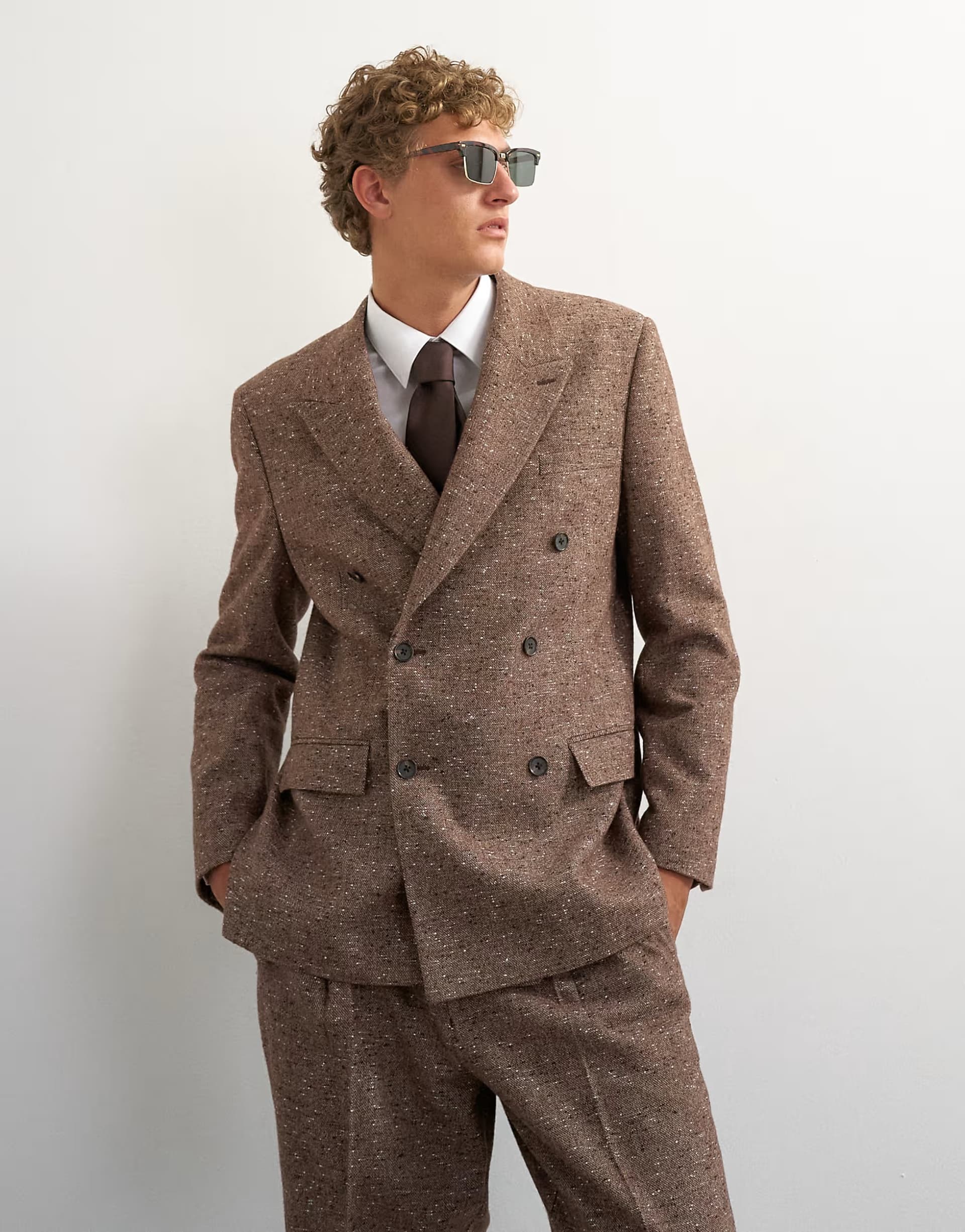 ASOS Topman relaxed fit textured double breasted blazer in brown