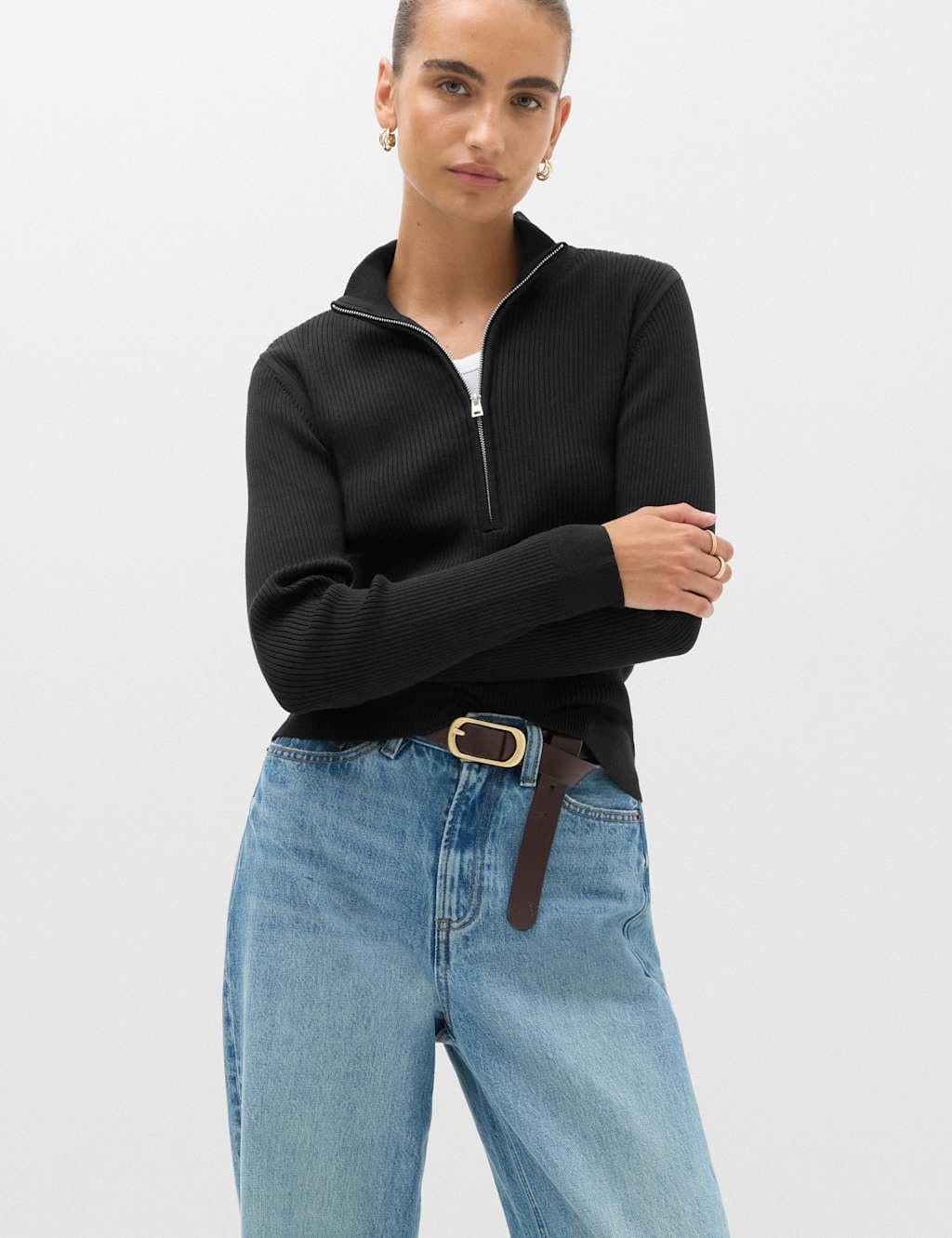 Marks & Spencer M&S Ribbed Textured Half Zip Fitted Knitted Top Black