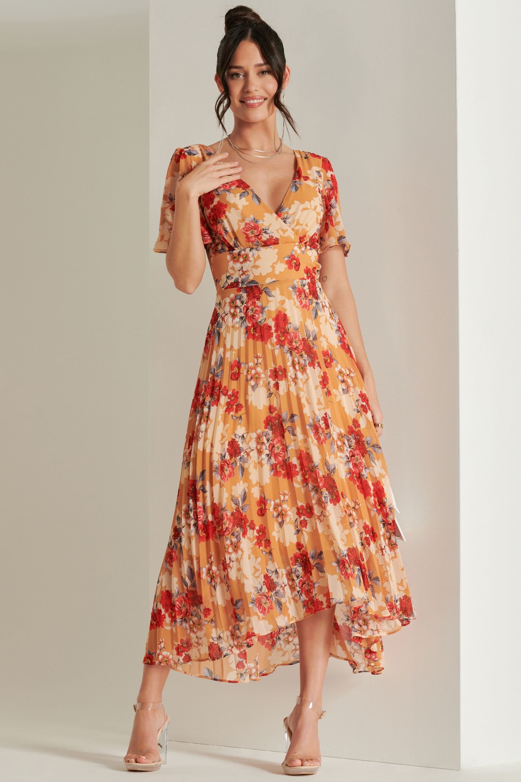 Jolie Moi Jolie Moi Women's Pleated Chiffon High Low Maxi Dress in Red