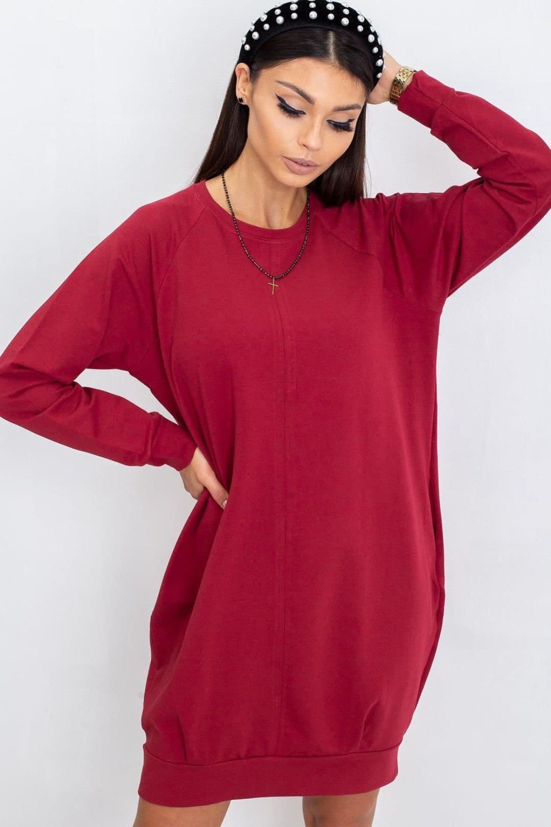 Love Lace Love Lace Women's Cotton Sweatshirt Fabric Midi Dress with Pockets in Red