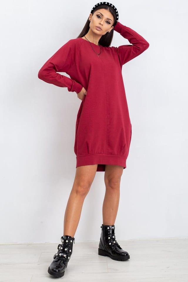Love Lace Love Lace Women's Cotton Sweatshirt Fabric Midi Dress with Pockets in Red - 2