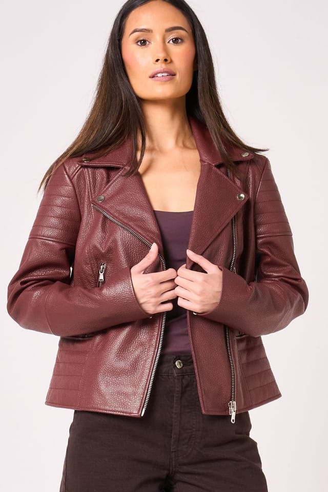 Barneys Originals Barneys Originals Women's Real Leather Burgundy Asymmetric Biker - 2