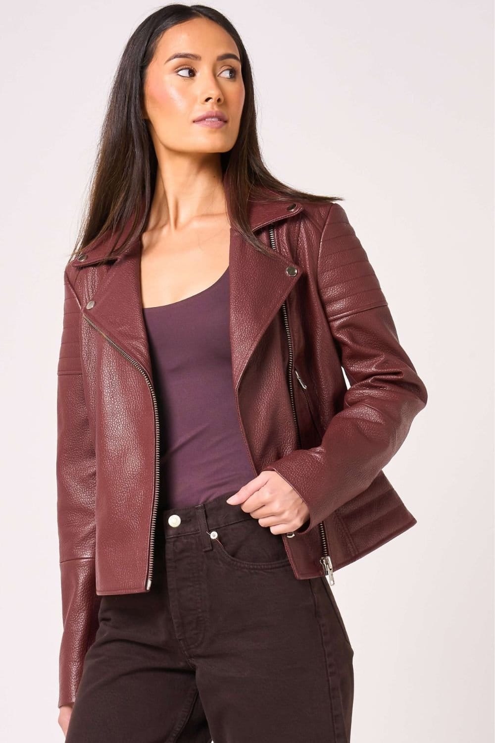 Barneys Originals Barneys Originals Women's Real Leather Burgundy Asymmetric Biker - 4
