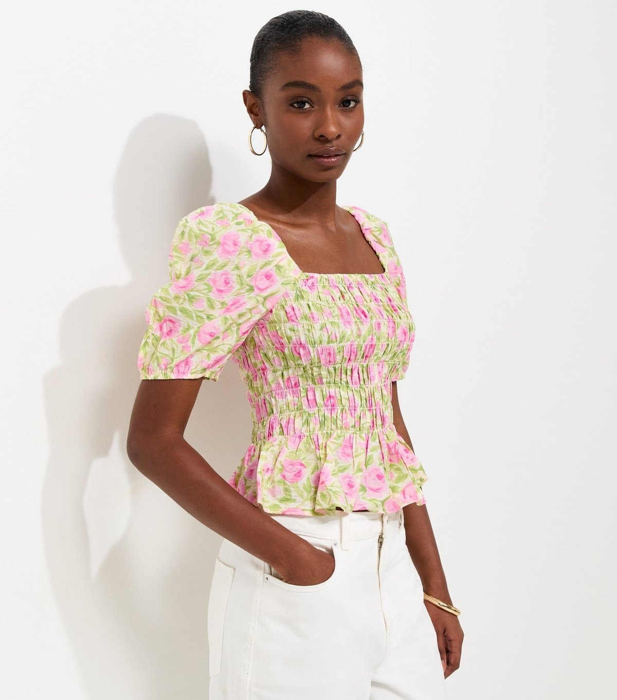New Look Women's Pink Rose Print Shirred Puff Sleeve Top New Look