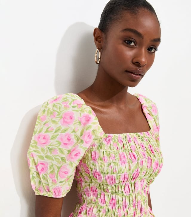 New Look Women's Pink Rose Print Shirred Puff Sleeve Top New Look - 2