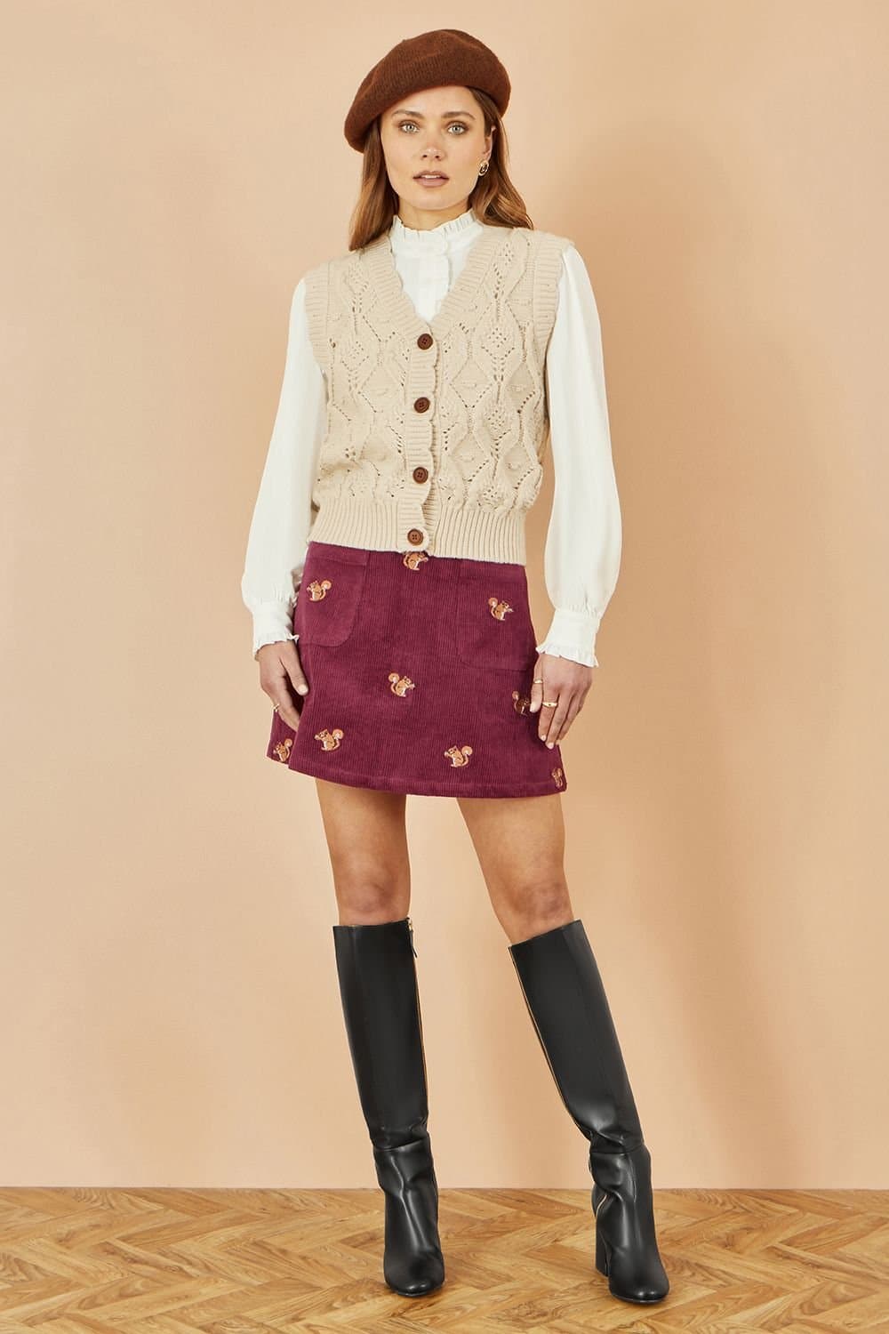 Yumi Yumi Women's Burgundy Corduroy Embroidered Squirrel Mini Skirt