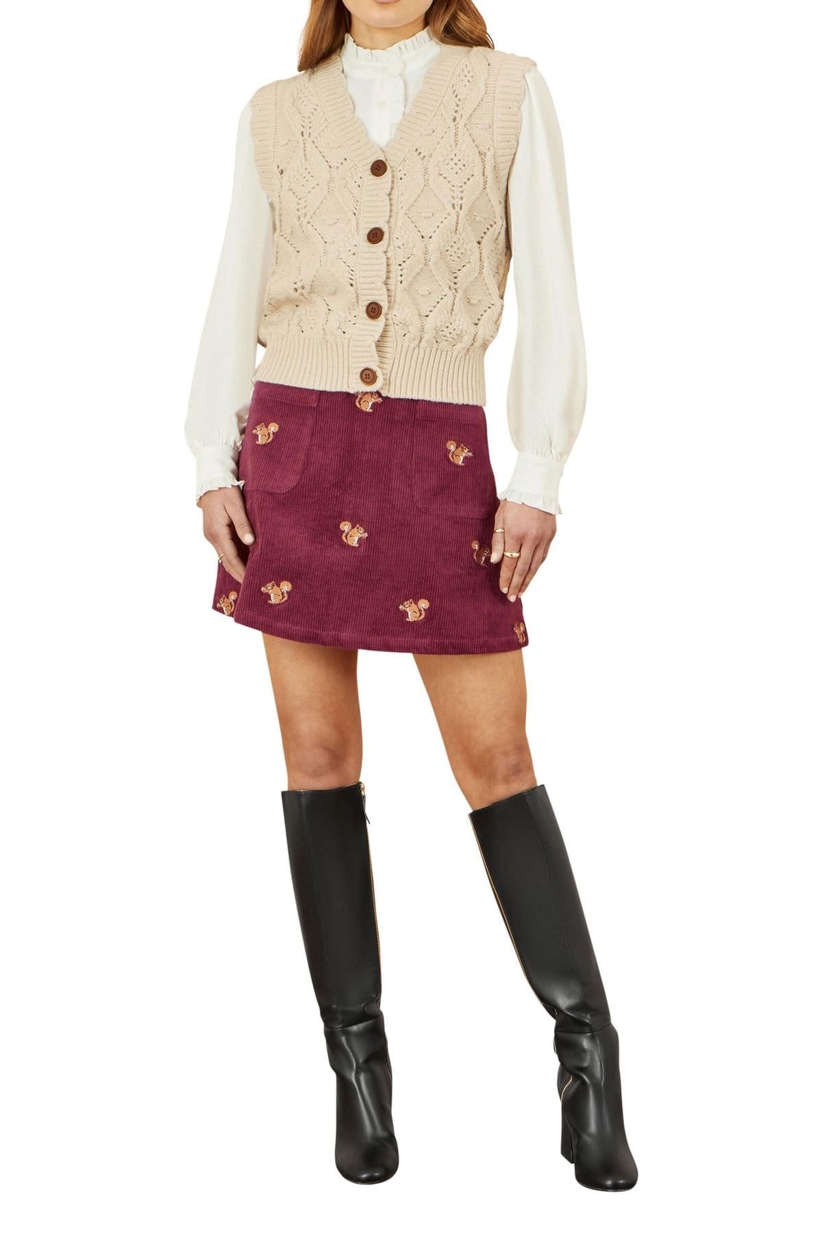 Yumi Yumi Women's Burgundy Corduroy Embroidered Squirrel Mini Skirt - 4