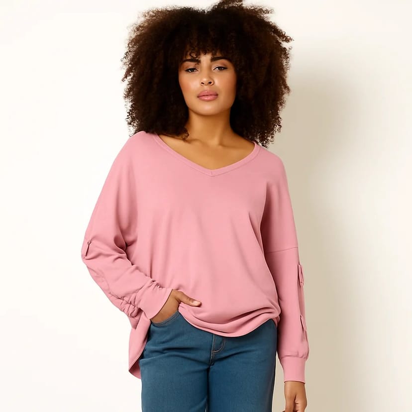 Blue Vanilla Loop Back Sweat Bow Sleeve Raw Edge V Neck Top - 1