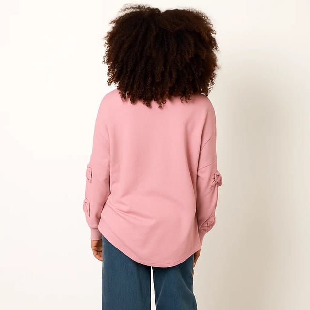 Blue Vanilla Loop Back Sweat Bow Sleeve Raw Edge V Neck Top - 2