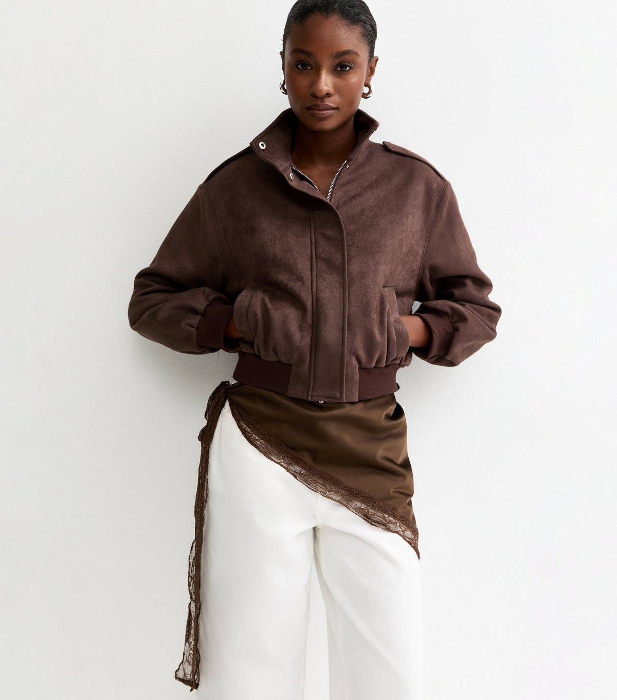 New Look Brown Satin Lace Trimmed Scarf New Look - 1