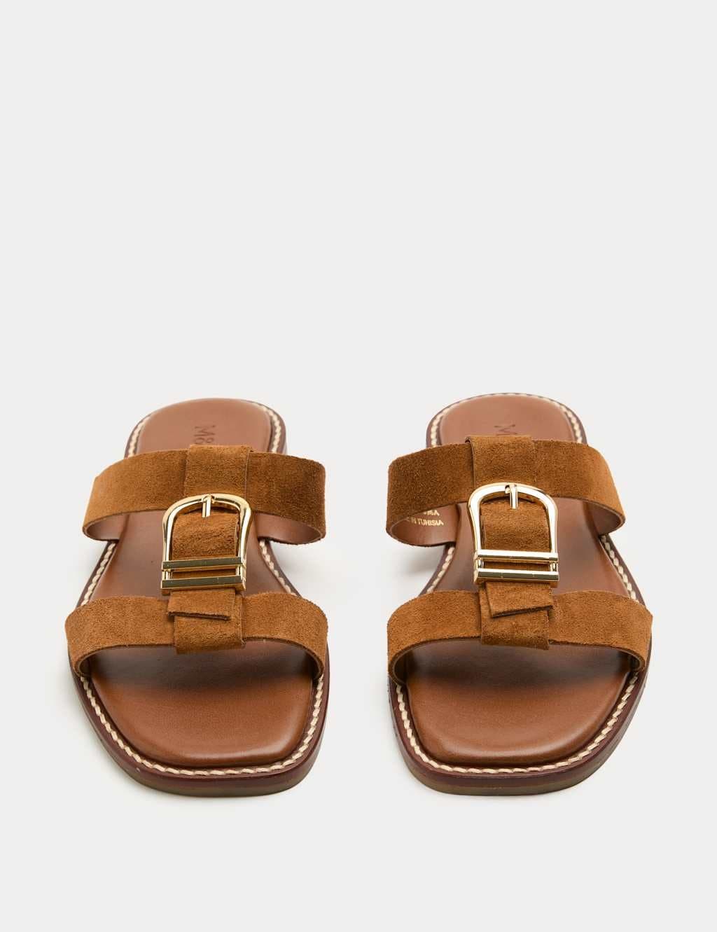 Marks & Spencer M&S Suede Buckle Flat Mule Sandals Tan