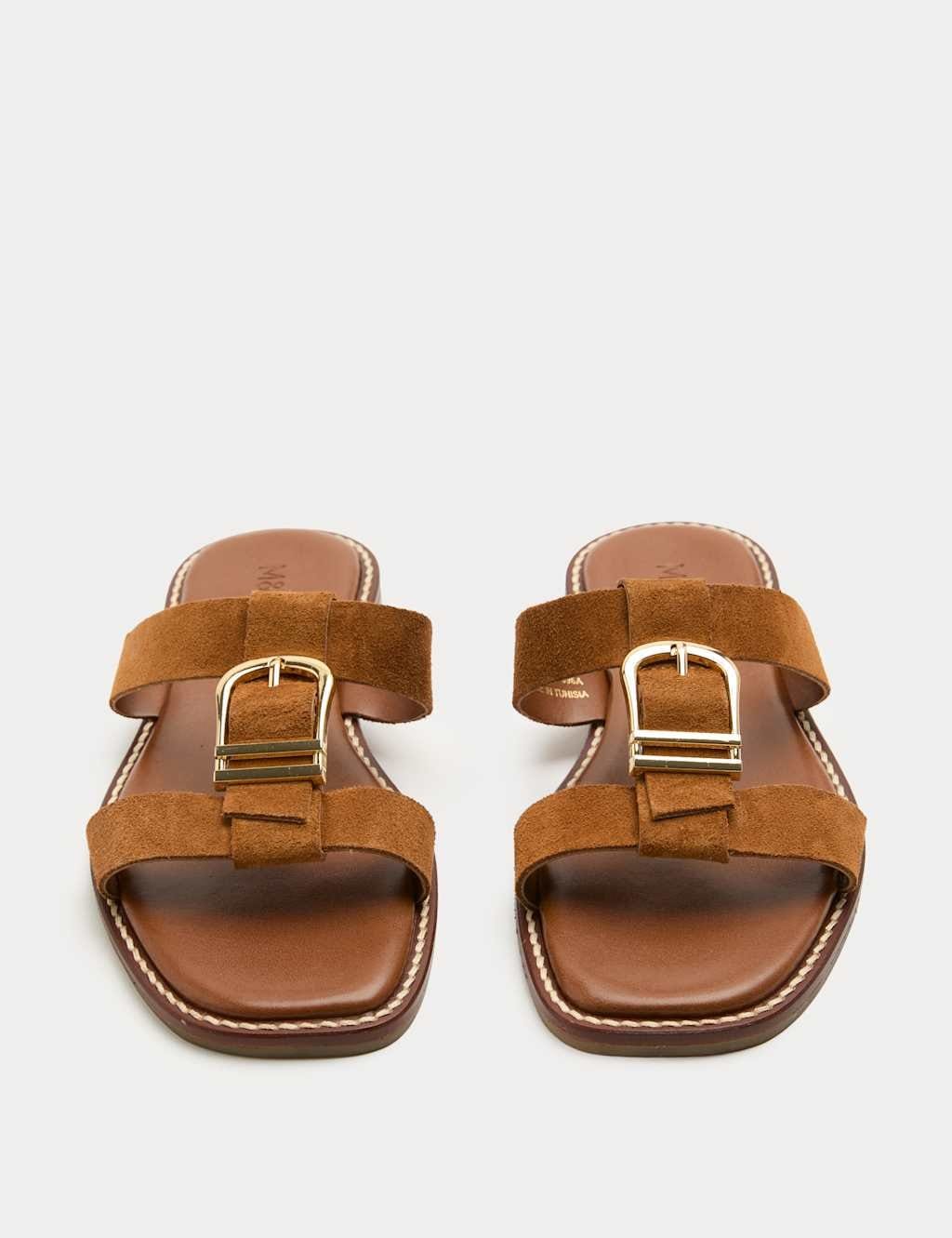 Marks & Spencer M&S Suede Buckle Flat Mule Sandals Tan - 1