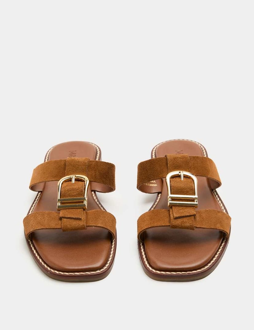 Marks & Spencer M&S Suede Buckle Flat Mule Sandals Tan - 1