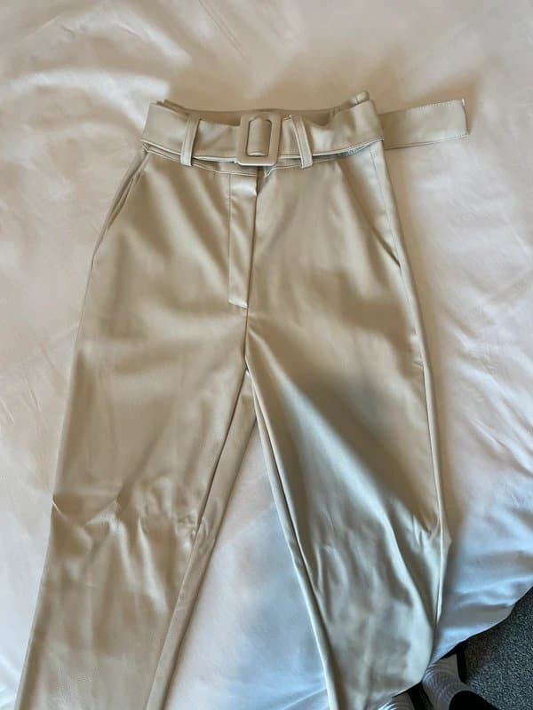 Boohoo Cream leather belted trousers