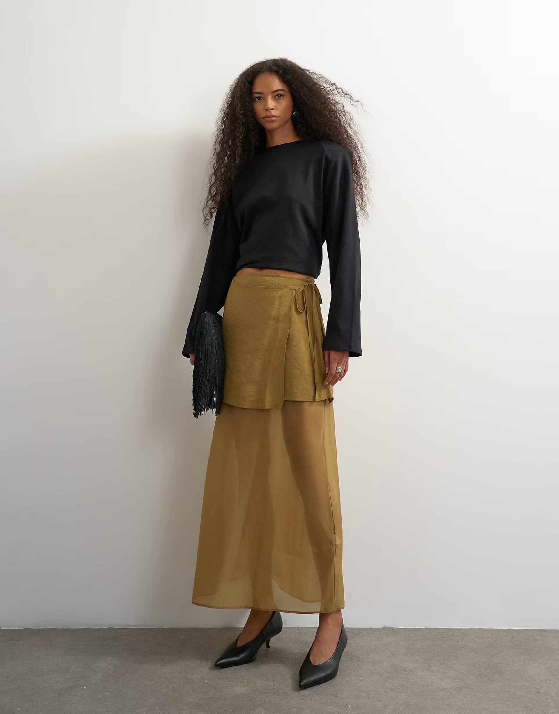ASOS Topshop tie detail contrast organza maxi skirt in olive