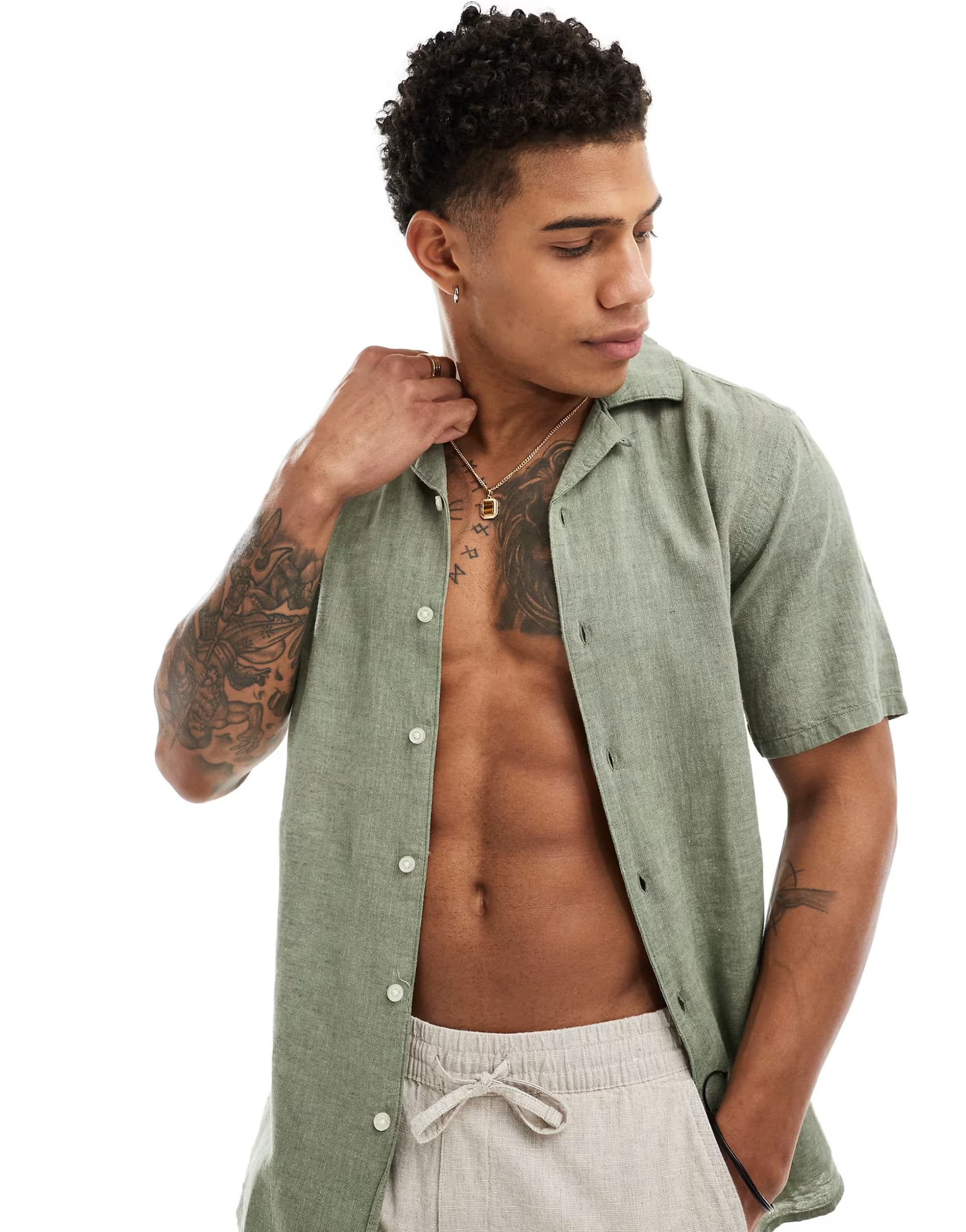 ASOS ONLY & SONS linen mix revere collar shirt in sage green