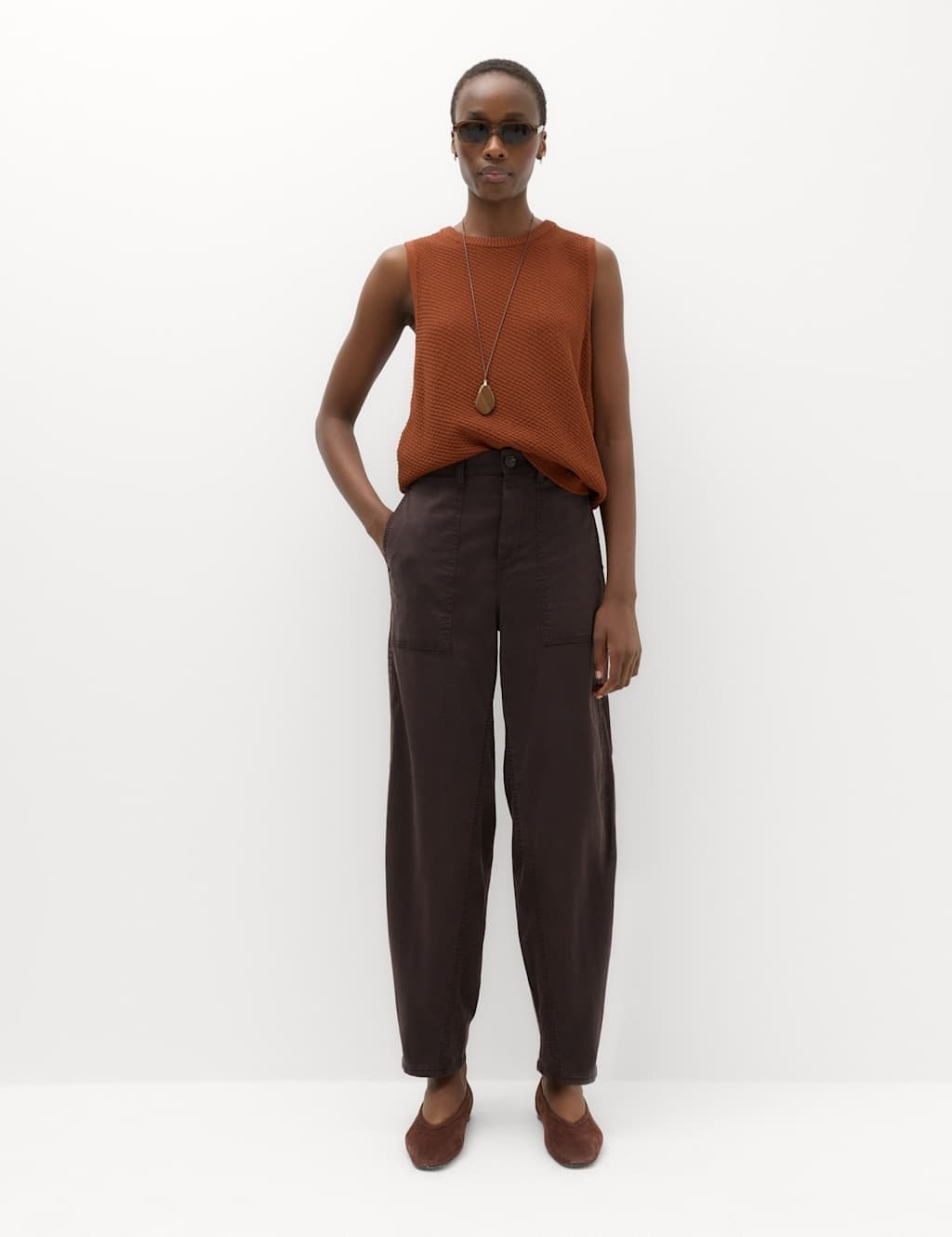 Marks & Spencer M&S Lyocell Rich Utility Barrel Leg Trousers Chocolate