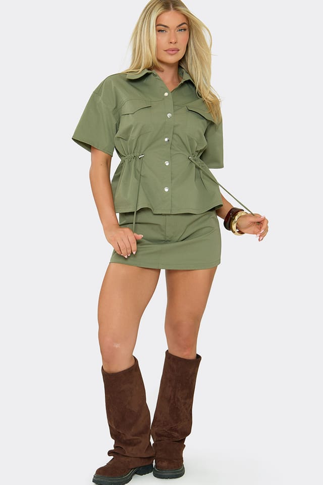 EGO EGO Women's Short Sleeve Button Pocket Detail Mini Dress in Khaki - 3