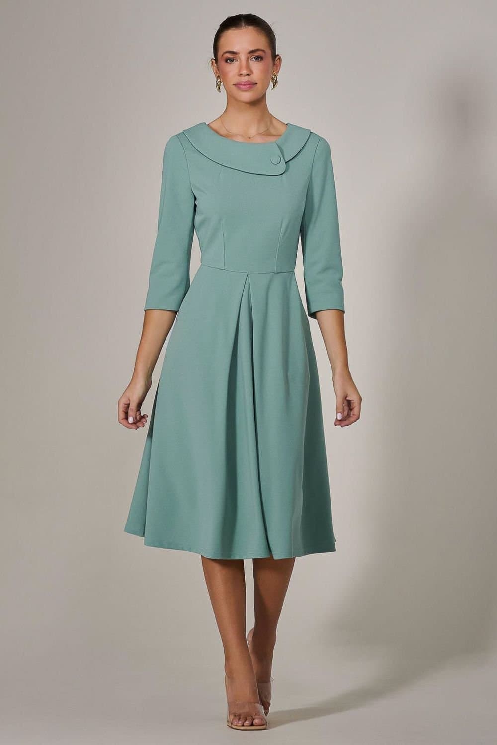 Jolie Moi Jolie Moi Women's Roll Collar Long Sleeve Midi Dress in Light Green