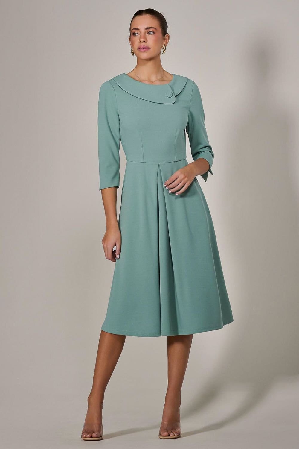 Jolie Moi Jolie Moi Women's Roll Collar Long Sleeve Midi Dress in Light Green - 4