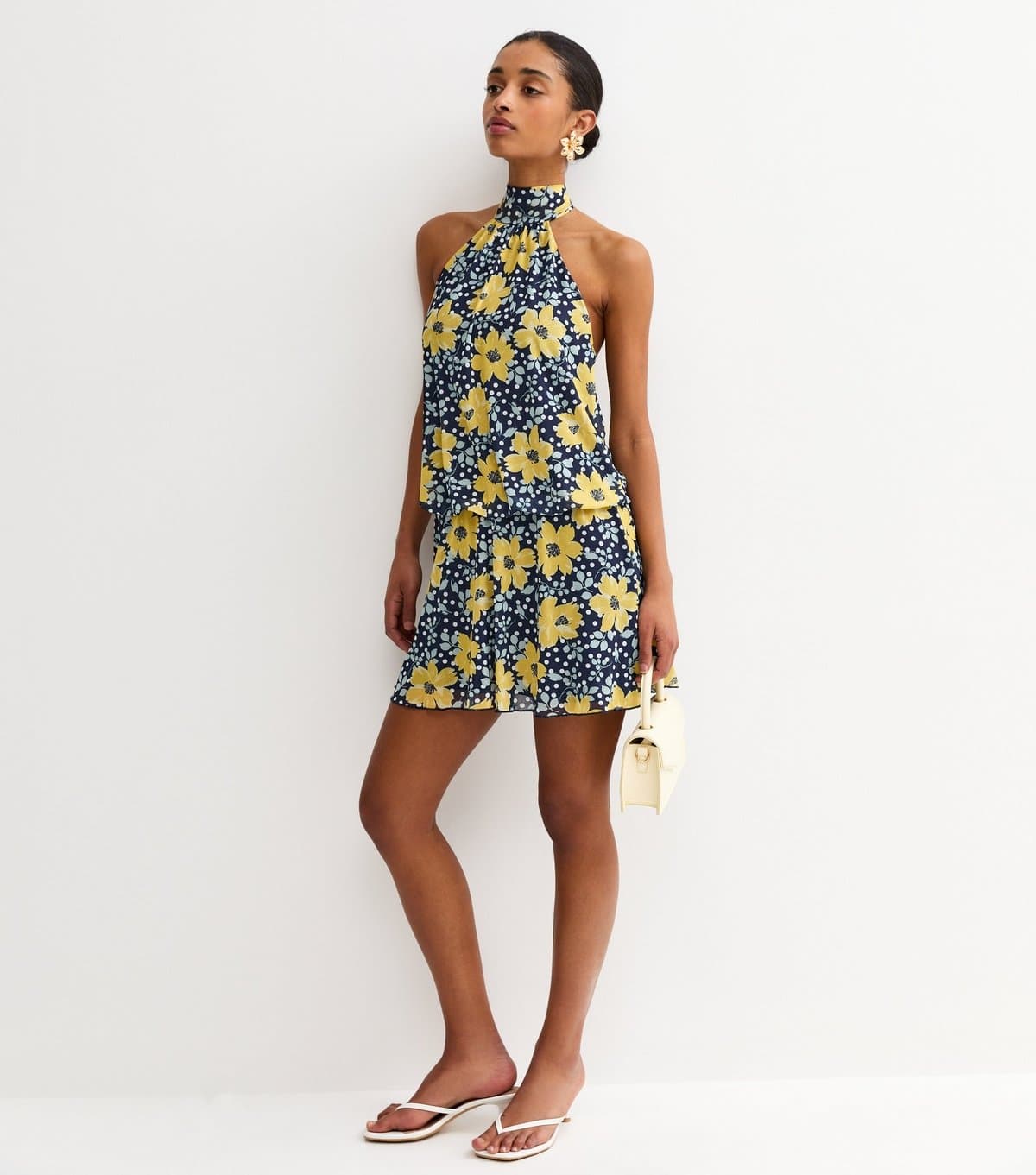 New Look Women's Blue Floral Mesh Halter Neck Mini Dress New Look