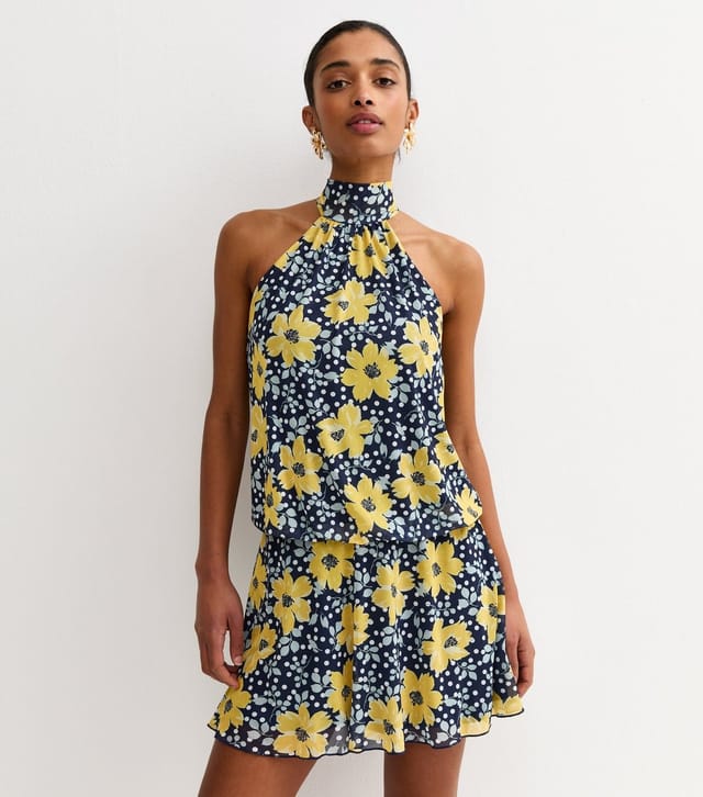 New Look Women's Blue Floral Mesh Halter Neck Mini Dress New Look - 2