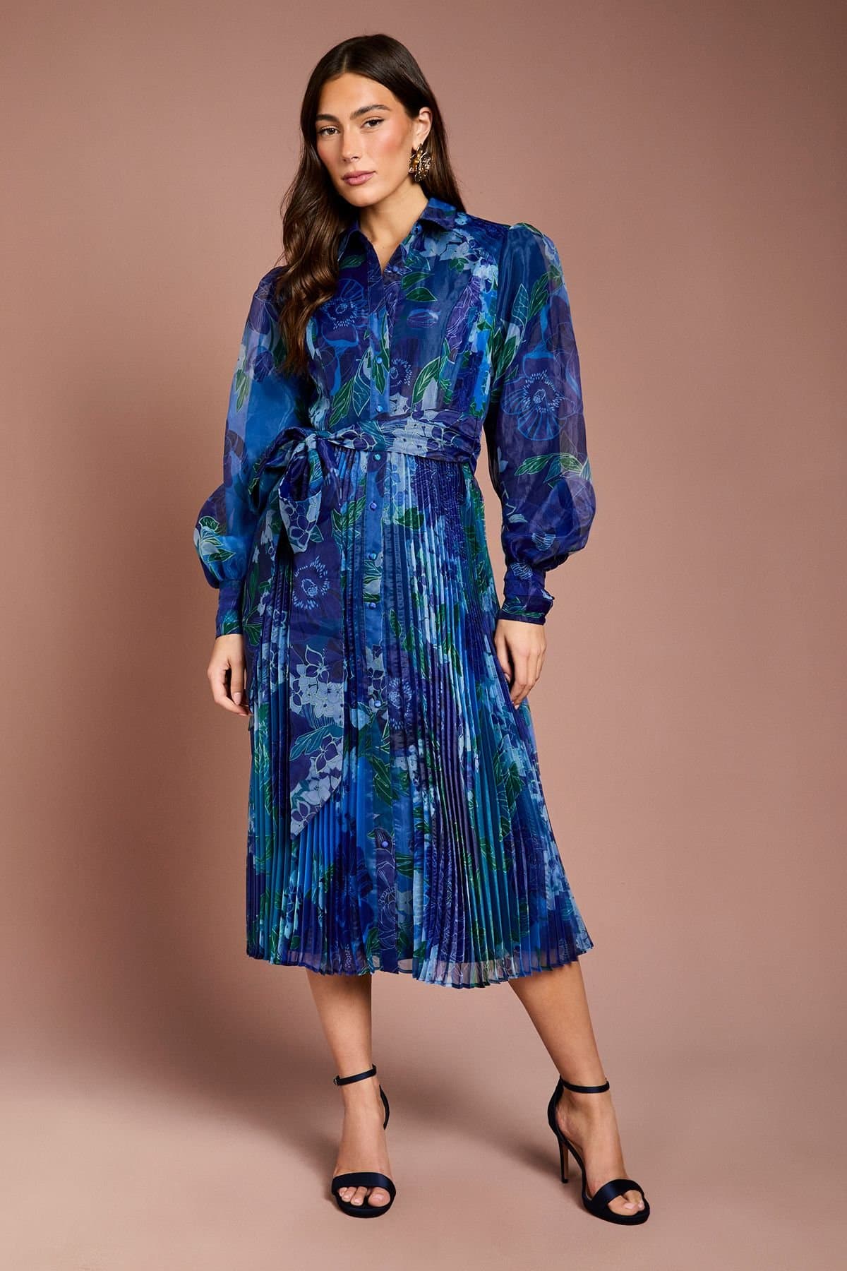 Coast Coast Women's Organza Floral Pleated Midi Shirt Dress in Blue
