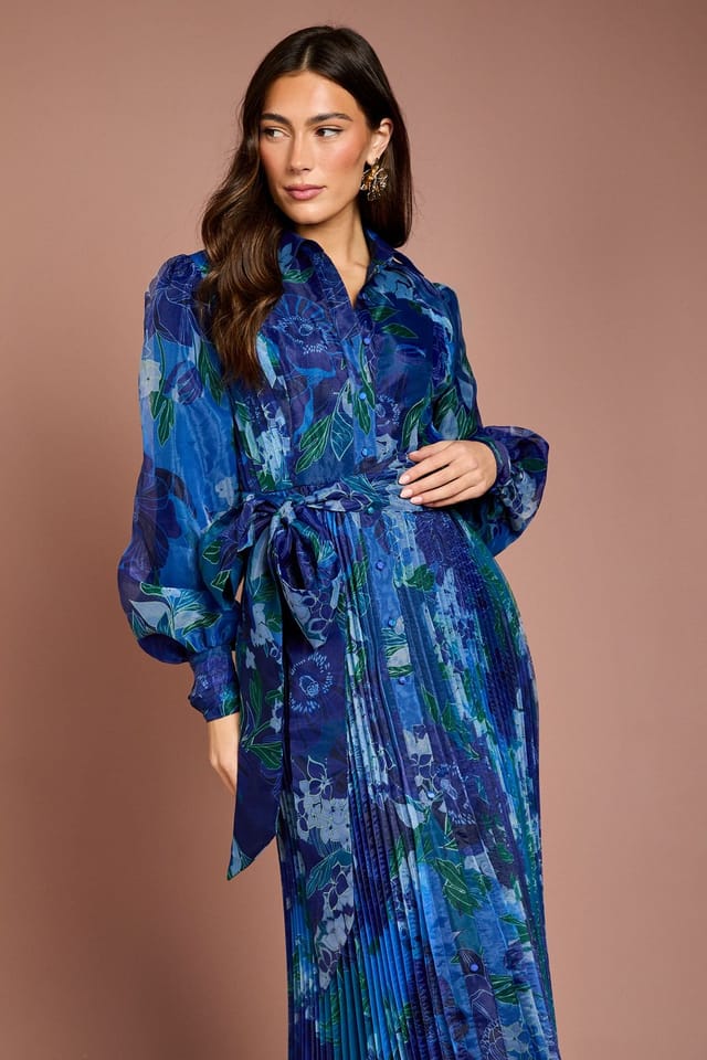 Coast Coast Women's Organza Floral Pleated Midi Shirt Dress in Blue - 2