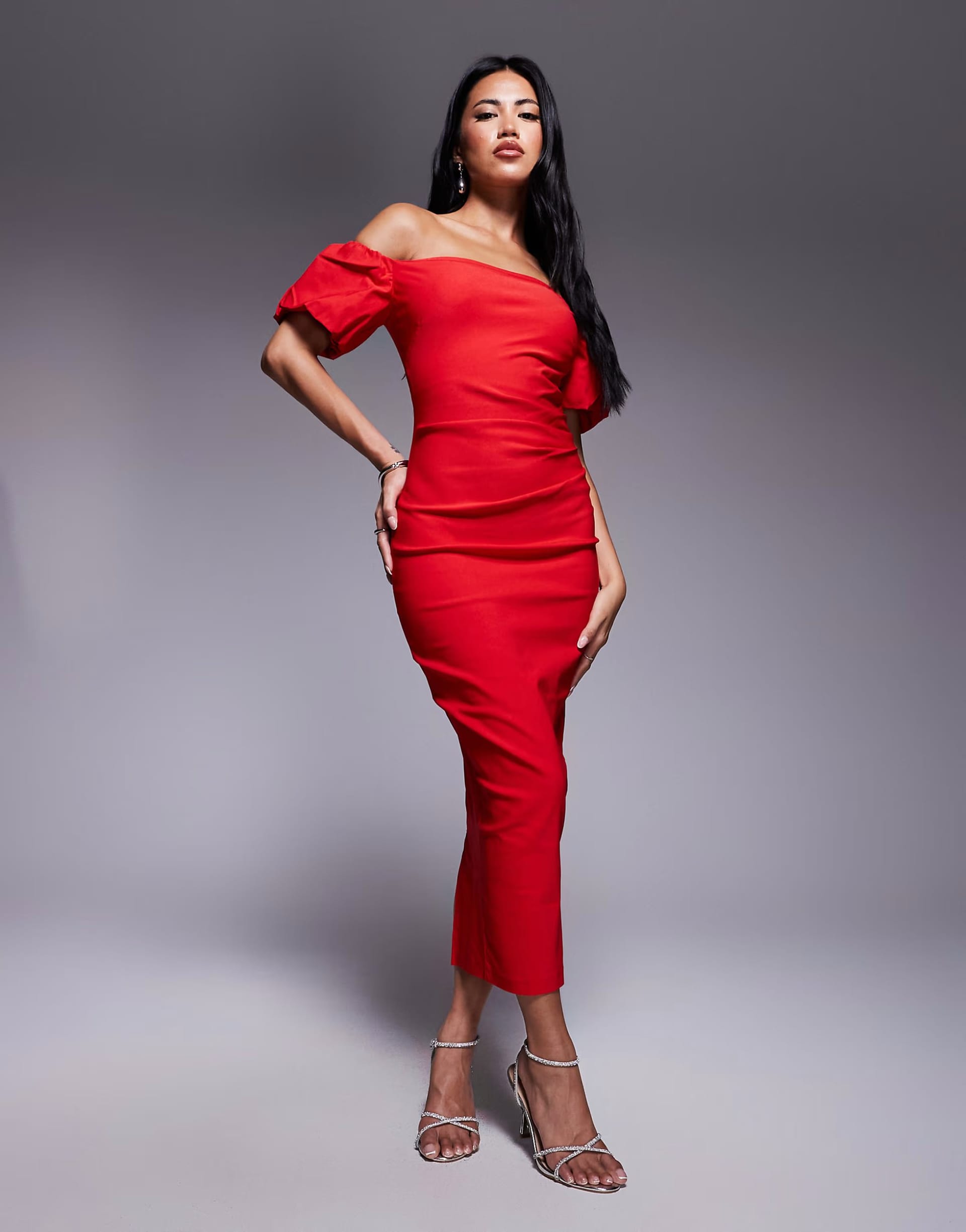 ASOS Red Bengaline Bardot Puff Sleeve Ruched Side Midi Dress