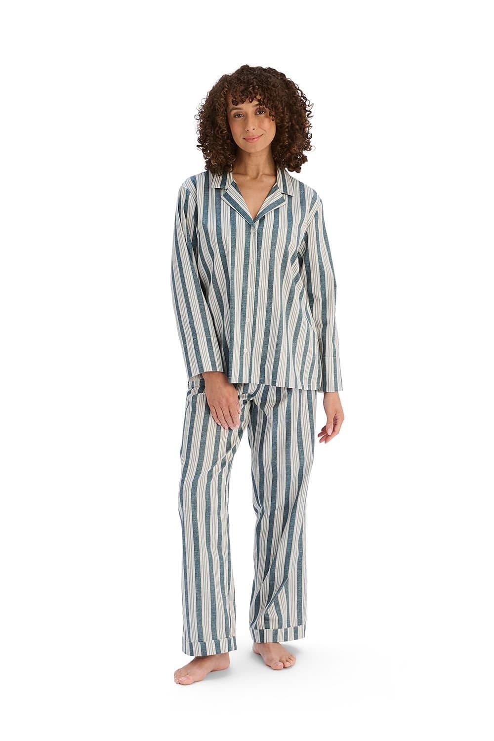 Christy CHRISTY Women's 'Calder Stripe' Luxuriously Soft Cotton Sateen Striped Pyjama Set in Navy