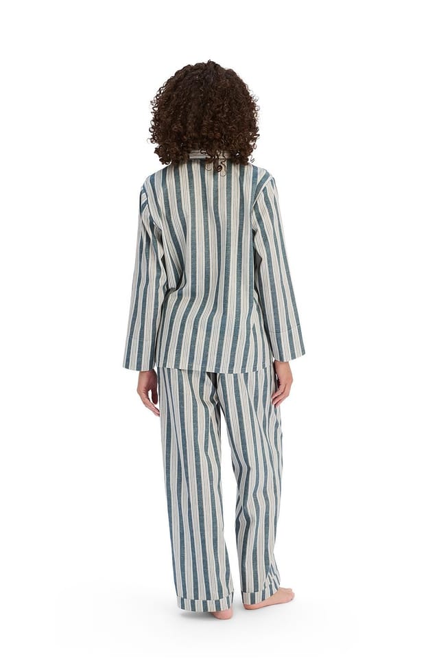 Christy CHRISTY Women's 'Calder Stripe' Luxuriously Soft Cotton Sateen Striped Pyjama Set in Navy - 2