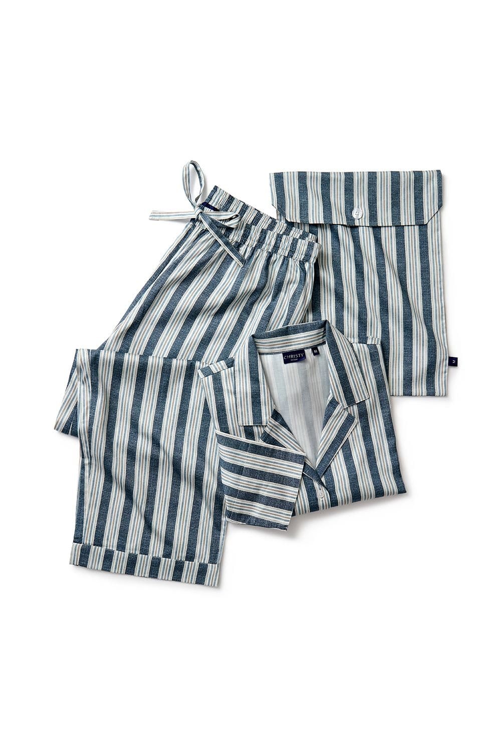 Christy CHRISTY Women's 'Calder Stripe' Luxuriously Soft Cotton Sateen Striped Pyjama Set in Navy - 4